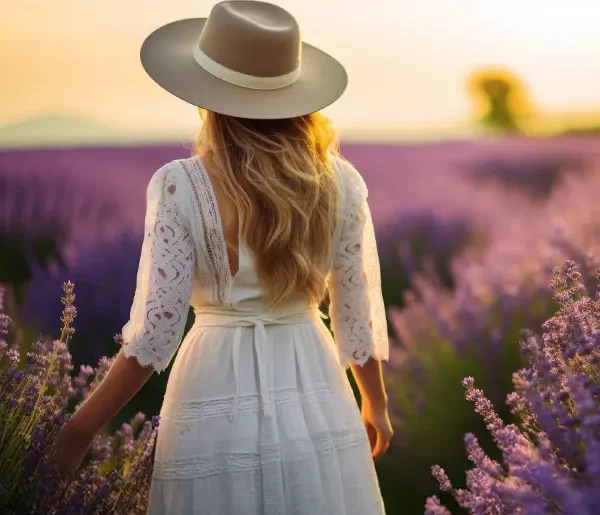 Frau auf einem Lavendelfeld in der Provence, Frankreich.