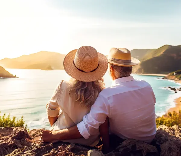 Älteres Paar sitzt an einer Klippe mit Blick auf das Meer während einer Schuy Reise.