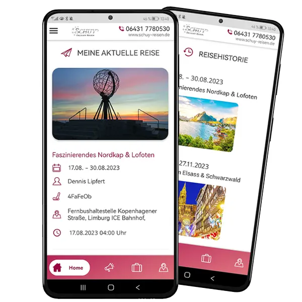 Schuy Reisen App Ansicht auf dem Handy.