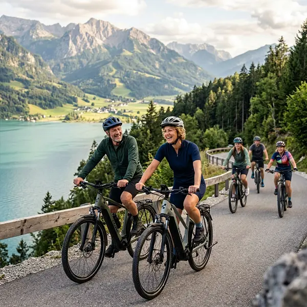 Eine Gruppe E-Biker vor einer schönen Berglandschaft.