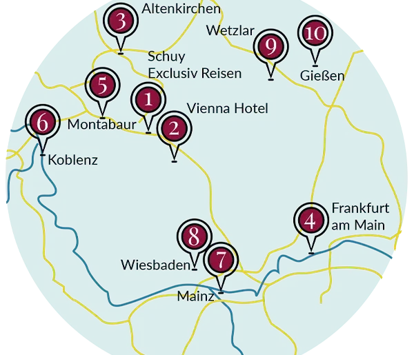 Karte mit Pins für die 10 Zustiegorte