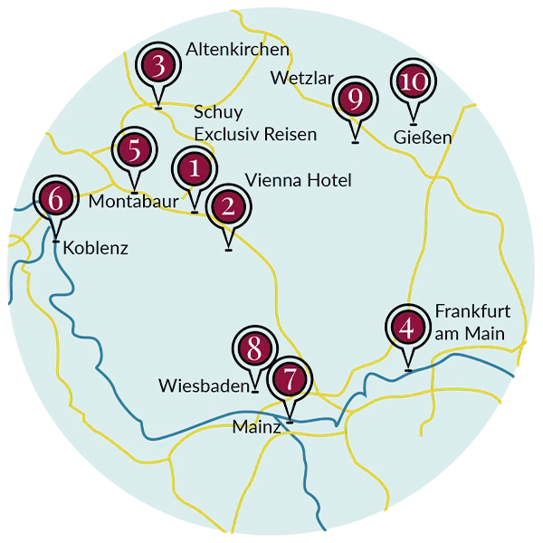 Karte mit Pins für die 10 Zustiegorte