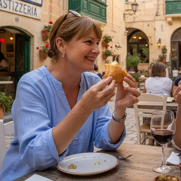 Eine Frauen probiert in Rabat Pastizzi, während einer Malta Reise von Schuy.