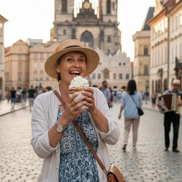 Eine Frau mit Strohhut genießt Trdelník in der Altstadt von Prag während einer Busreise nach Tschechien.