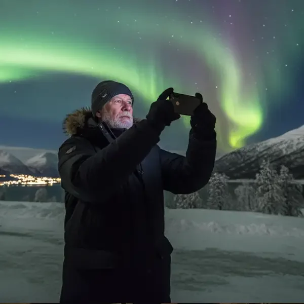 Mann in der Nähe von Tromsø fotografiert die Polarlichter während einer Busreise nach Skandinavien.