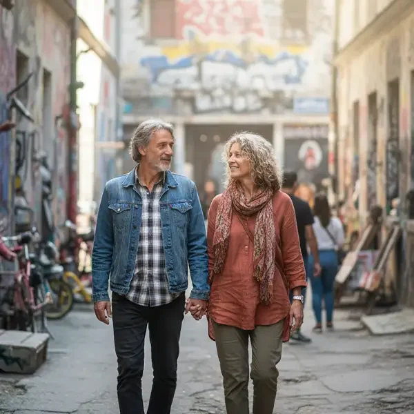 Paar beim Schlendern diuch das Künstlerviertel Metelkova-Viertel in Ljubljana während einer Busreise.