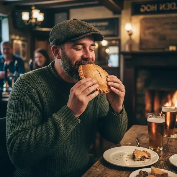 EinMann beißt nenüsslich in ein Cornish Pasties in einem typisch englischen Pub während einer England Busreise.
