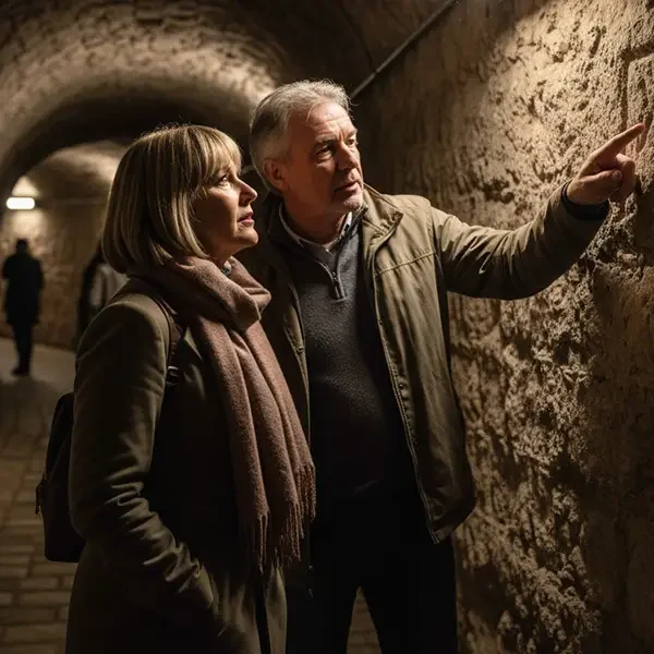 Ein Paar im Labyrinth unter der Burg von Buda, während einer Busreise nach Budapest, Ungarn.