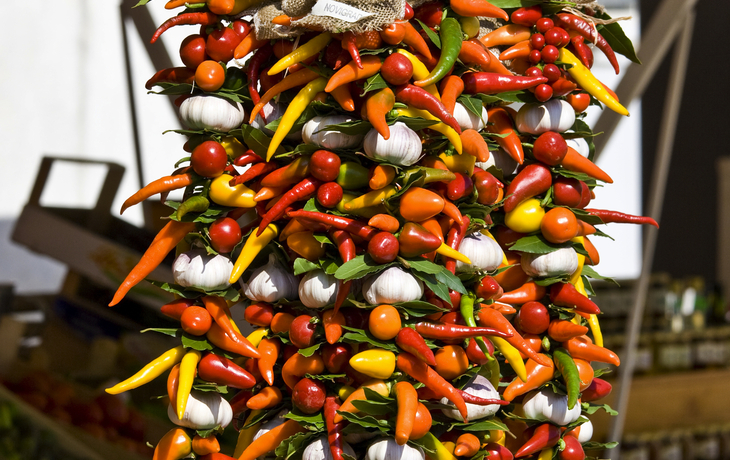 Paprika und Knoblauch auf dem Markt von Novigrad, Kroatien