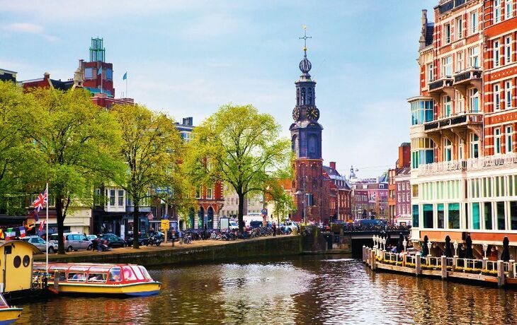 Amsterdam old town canal, boats.