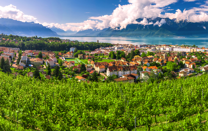 Panoramablick auf Montreux-Stadt mit Schweizer Alpen,Genfersee und Weinberg in der Region Lavaux,Kanton Waadt,Schweiz,Europa