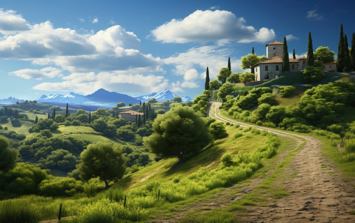 toskanische Landschaft in Italien an einem sonnigen Tag im Sommer
