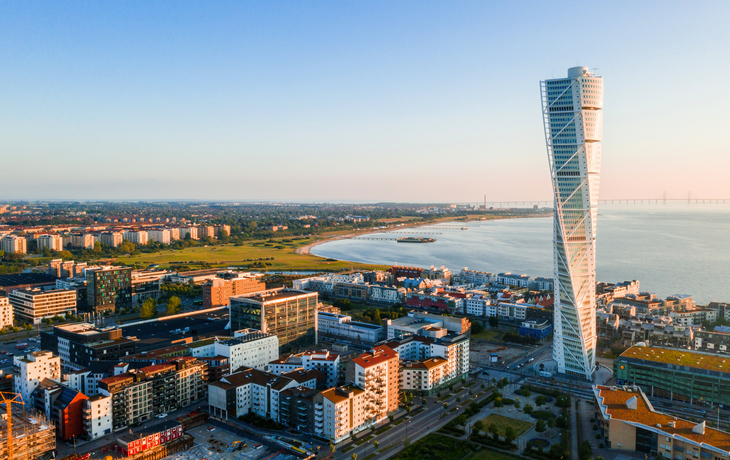 Luftaufnahme des Stadtteils Vastra Hamnen (Westlicher Hafen) in Malmö