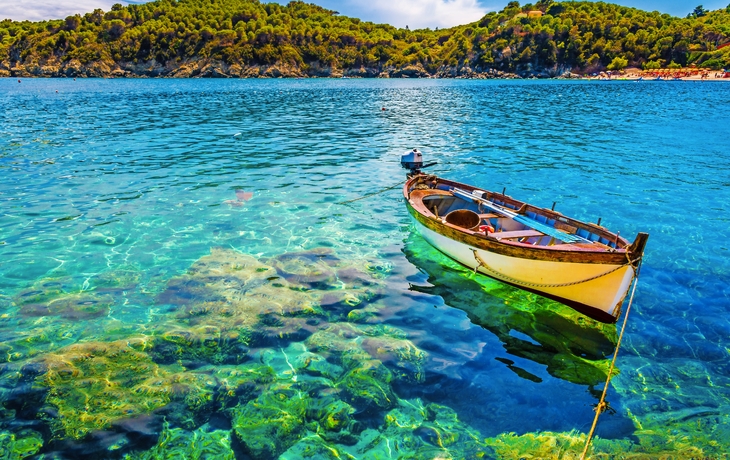 Boot in Fetovaia Strand, Insel Elba, Toskana, Italien.