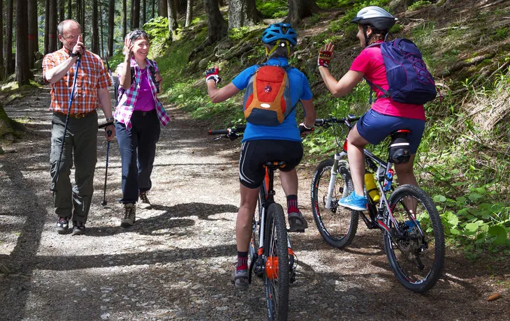 Wanderer und Biker harmonisch gemeinsam im Wald