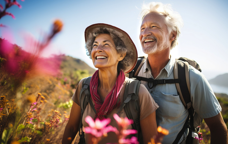 abenteuerlustiger älterer Mann und Frau mit Rucksäcken