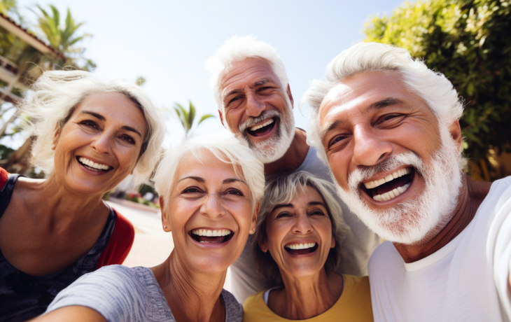 Gruppe älterer Menschen, die im Sommerurlaub ein Selfie machen