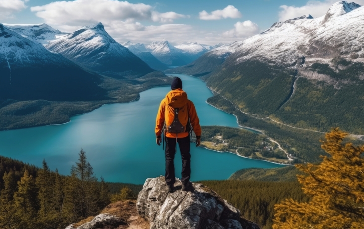 Wanderer mit Blick auf die atemberaubenden Fjorde Norwegens