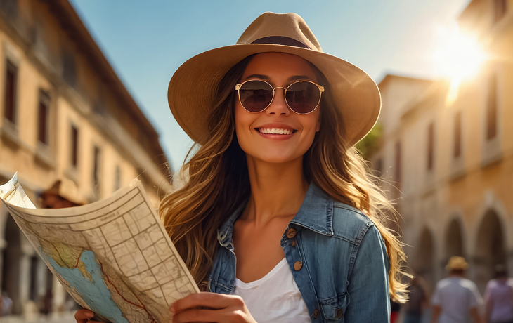 Touristin mit einer Karte in der Hand in der Stadt im Urlaub