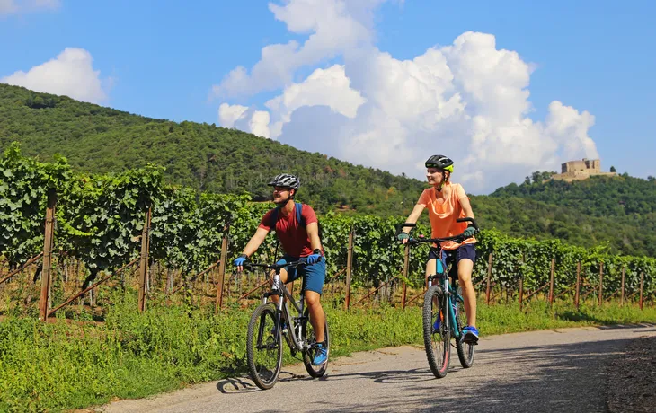 Paar bei einer Fahrradtour in der Pfalz nähe Maikammer, im Hintergrund Weinreben und das Hambacher Schloss