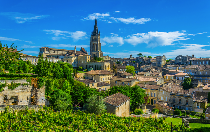 Luftaufnahme des französischen Dorfes Saint Emilion