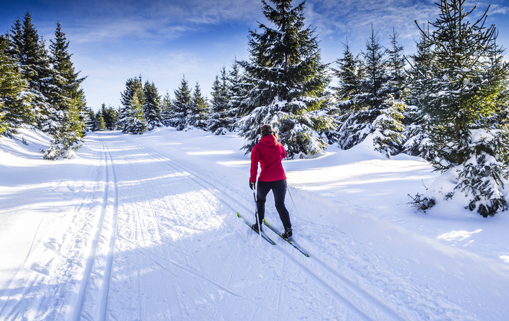 Frau beim Langlauf in Winterlandschaft