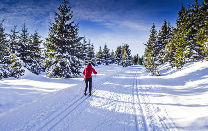 Frau beim Langlauf in Winterlandschaft
