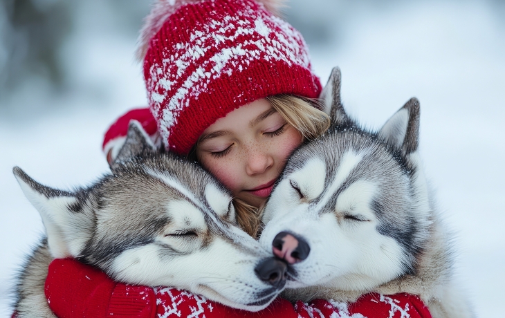Junges Mädchen, das draußen in Lappland Huskys knuddelt | KI generiert