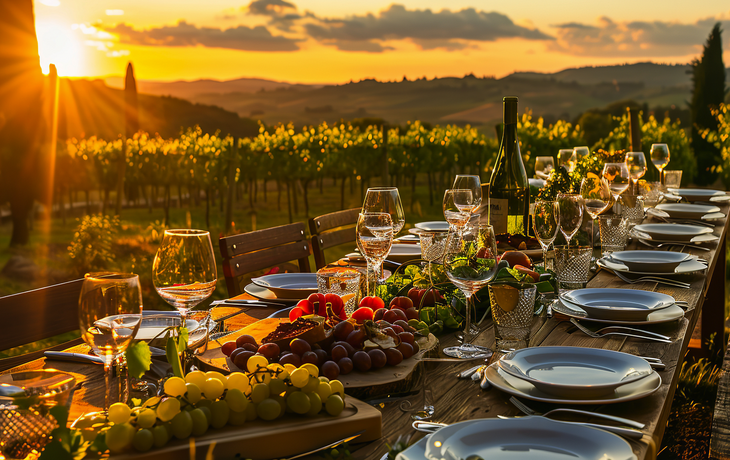 Abendessen in einem toskanischen Weinberg mit italienischen Gerichten und Wein  