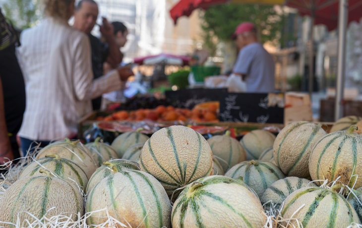 Cavaillon-Melone auf einem provenzalischen Straßenmarkt in Aix-en-Provence, Frankreich