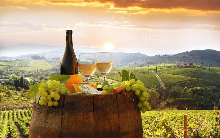 White wine with barell  in vineyard, Chianti, Tuscany, Italy