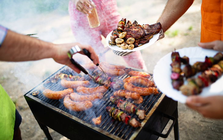 Freunde, die in der Natur grillen