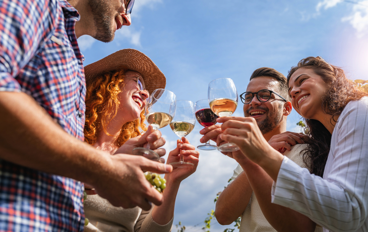 Freunde beim Weintrinken im Weingut