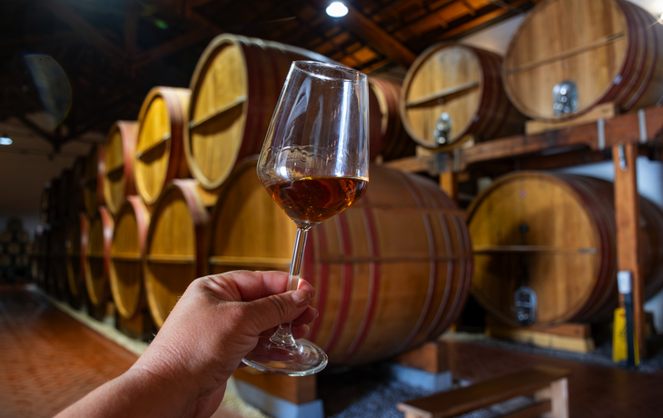 Marsala-Wein - Besuch eines Weinkellers mit alten großen Eichenfässern in Marsala, Sizilien